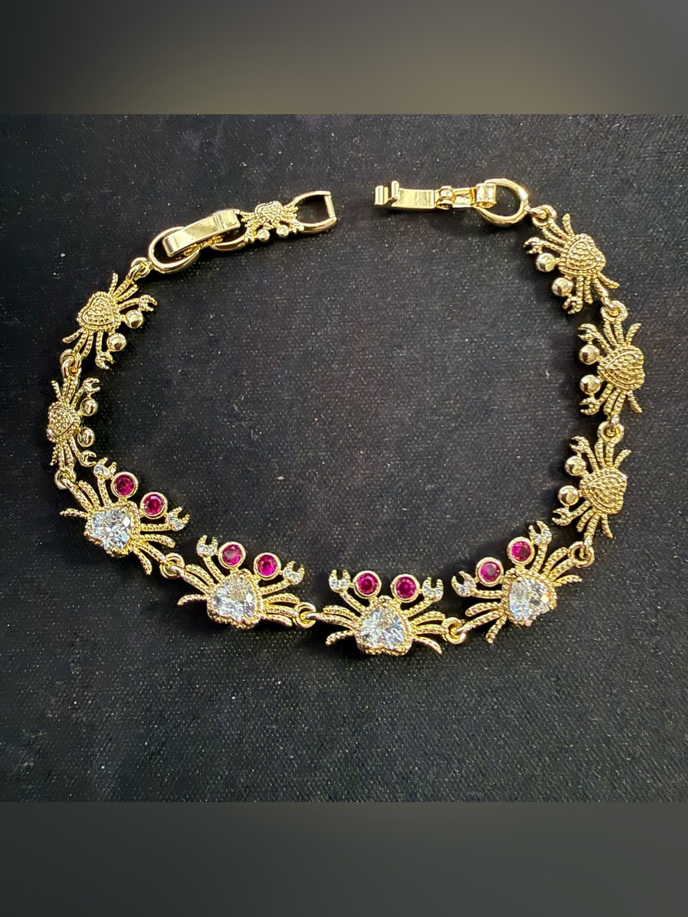 Gold-Tone Crab Bracelet with Red and Clear Stones